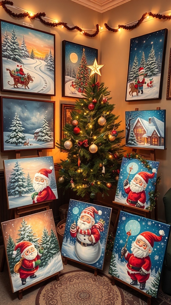 A cozy living room with various Christmas paintings, including snowy landscapes and Santa Claus, decorated for the holidays.